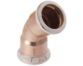 Geberit Mapress 45° kobberbøjning, 22 mm, med muffe til muffe, vist med tydelig markering af rørdimension 22 mm.