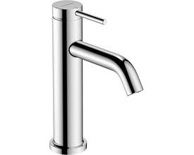 Hansgrohe Tecturis S 110 håndvaskarmatur i krom med et-grebs betjening og en slank, lige tud på en hvid baggrund.