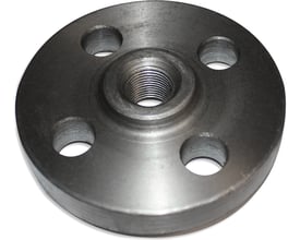 Indura sort gevindflange med Rp1½" gevind, 150mm ydre diameter og 4 monteringshuller.