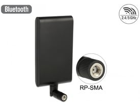 Svart DeLock dualband-WLAN-antenne med flat, rektangulær antenneflate og RP-SMA-plugg, vist med pluggdetalj.