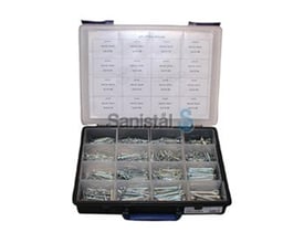 Åben Raaco sortimentskasse indeholdende 930 splitter DIN 94 i forskellige størrelser, organiseret i 16 rum.