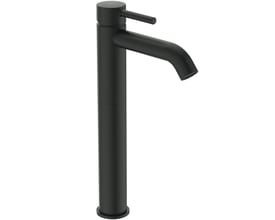 Ideal Standard Ceraline højt håndvaskarmatur i Silk Black med 150mm fremspring og mat overflade på hvid baggrund.