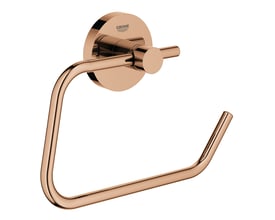 Detaljeret billede af Grohe Essentials papirholder i blank kobberfinish, der viser dens elegante design og GROHE StarLight® kvalitet.