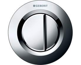 Geberit Omega Remote 01 trykplade til dobbeltskyl, forkromet med to runde knapper i et rundt krom stel.