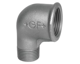 Georg Fischer galvaniseret 90° vinkel i blødstøbt materiale, med muffe på ½" og nippel på ⅜".