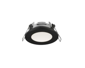 Nordlux Leonis IP65 indbygningsspot i sort plastik med en rund, hvid diffusor og metalclips til montering.