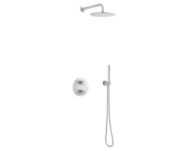 Damixa Silhouet HS1 indbygningsbrusesæt i børstet stål med 2-grebs betjening og rund hovedbruser samt stick håndbruser.