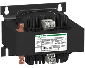 Schneider Electric Phaseo ABL6 transformer, 400/230V AC input, 230V AC output, 160VA. Viser terminaler og køleprofil. CE-mærket.