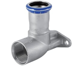 Geberit Mapress forskudt dækvinkel i rustfrit stål, 18 mm x Rp½" med 90° vinkel og fastgørelsesflange.