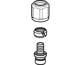 Illustration af Geberit Sigma PEX-tilslutning med 16mm dimension, vist i tre dele: koblingsmøtrik, klemring ognippel. Monteres til cisterne.