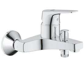 Detaljeret billede af Grohe START Flow etgrebsbatteri med forkromet finish, vist på hvid baggrund.