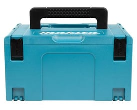 Makita MAKPAC systemkuffert str. 3 i turkisblå med sort håndtag, klar til stabling og opbevaring af værktøj.