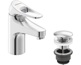 FM Mattsson 9000XE håndvaskarmatur i krom med et 1-grebs håndtag og tilhørende push-up bundventil.