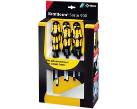 Wera Kraftform Serie 900 skruetrækkersæt i sort og gul emballage, der viser flere skruetrækkere med ergonomiske håndtag.
