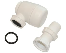 Viega pungvandlås 5555.2 til bidet adskilt, viser komponenter og pakning i hvid kunststof.