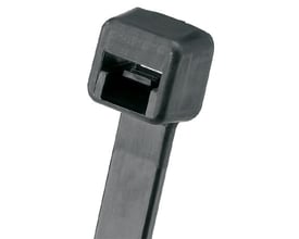 Nærbillede af Panduit Pan-Ty kabelbinderens låsemekanisme, fremstillet af sort UV-bestandig nylon.