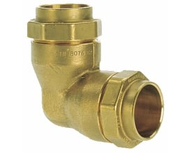 Isiflo vinkel kompressionskobling i messing, 90 grader med 40 mm dimension til koldtvand og gasinstallationer.