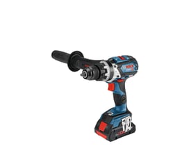 Bosch 18V GSB 18V-110C slagboremaskine med robust metalborepatron og aftageligt hjælpehåndtag på hvid baggrund.