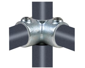 Galvaniseret tee hjørne fitting til vandrør med diameter 48,3 mm, fastgjort med to skruer, forbinder tre rør.