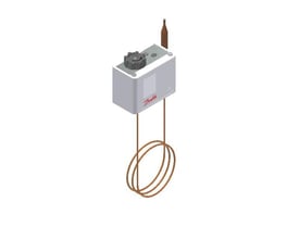 Danfoss KP 73 termostat med D1-føler, vist som teknisk tegning med grått hus og opprullet kapillarrør.