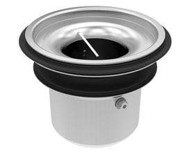 Blücher indbygningsvandlås med lugtstop, 110 mm i rustfrit stål med en udvendig sort pakning og synlig bolt på siden.