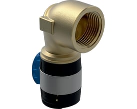 Geberit FlowFit 90° bøjning i blyfri rødgods med 25mm pres-tilslutning og 1" indvendigt gevind, viser detaljeret konstruktion.