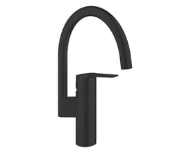 Grohe Start køkkenarmatur i mat sort set fra siden, fremhæver den buede tud og en-grebs betjening med detaljer.