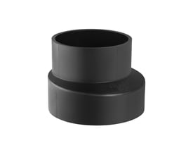 Geberit PEH reduktion, sort, med tydelig mærkning af mærke og dimensioner, diameter 110/63 mm.