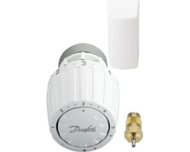 Danfoss RA/V 2963 servicetermostat i hvid med temperaturhjul, fjernfølerdæksel og messingfarvet pakdåse.