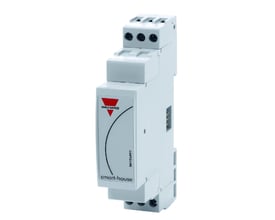 Carlo Gavazzi SH1DUPFT DIN-skinnestartmodul for Smart Dupline-buss, vist skrått forfra med synlige tilkoblinger.