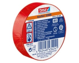 Rød Tesa Isoleringstape Tesaflex 53988, 15 mm x 10 meter, PVC, med diverse godkendelser og specifikationer trykt på rullen.