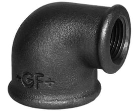 Georg Fischer sort 90° vinkel fitting i støbejern med indvendigt gevind i begge muffeender.