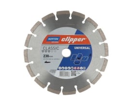 Norton Clipper universal diamantklinge på 230mm med 22,23mm centerhul, klar til brug på byggepladsen.