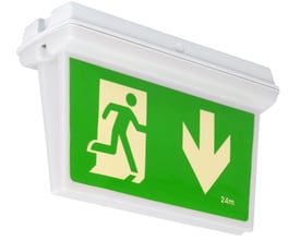 NVC Lighting Nebraska "drop down" nødbelysningsarmatur med grønt piktogram af løbende person og pil ned.