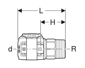 Teknisk tegning af Geberit FlowFit overgang med dimensioner L, H, d og R, viser muffe og udvendigt gevind.