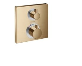Hansgrohe Ecostat Square termostatarmatur i børstet messing finish med to drejeknapper til temperatur og udtag. Ses forfra med hvid baggrund.
