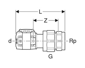 Teknisk tegning af Geberit FlowFit union med indvendigt gevind, dimensioner vist for 32mm rør og 1" gevind.
