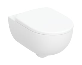 Geberit Selnova Premium hængetoilet i hvid porcelæn med lukket toiletsæde monteret på en hvid væg.