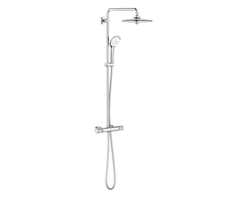 GROHE Euphoria 260 dusjsystem i krom med rund takdusj, hånddusj, dusjarm og termostat.