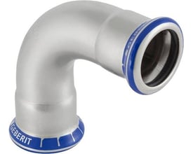 Geberit Mapress Rustfrit 90° bøjning med 108 mm presmuffer i rustfrit stål, vist på hvid baggrund.