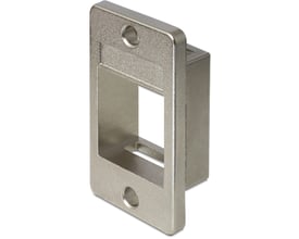 DeLOCK Keystone-modulholder i sølvfarget metall sett skrått forfra med en tom Keystone-åpning og plass til navneetikett.