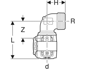 Teknisk tegning af Geberit FlowFit 90° bøjning, viser dimensioner og pasform til 32mm rør og 1" gevind.