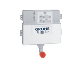 Grohe indbygningscisterne til vægmontering med justerbar 6-9 liters skyl, hvid med Grohe logo og rød endestykke på afløbsrøret.
