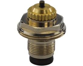 Uponor RWG ventilinnsats til tur på eldre Wirsbo-fordelerør, sett forfra med gjenger, sekskant og svart stift.
