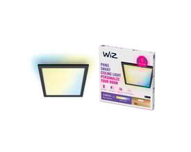 WiZ LED-panel 60x60 cm i sort, vist med og uden emballage, der viser dynamisk lys.