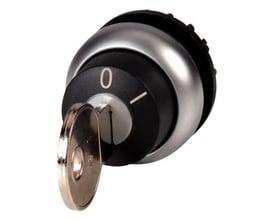 Eaton drejegreb med nøgle til M22 serie, sort med hvid markering og alu-farvet bundring, med nøgle i position 0.