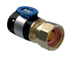 Geberit FlowFit overgang i blyfri siliciumbronze med 25 x 15 mm pres-ende og 3/4" omløber.