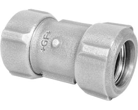 Georg Fischer Primofit kompressionskobling til ¾" stålrør og 32 mm PE-rør, lavet af galvaniseret blødstøbegods.