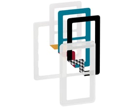 Lauritz Knudsen LK FUGA Choice designramme, 2 modul, med 4 forskellige farvevalg vist som overlappende rammer.