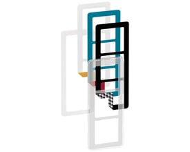 LK FUGA Choice designramme til 3 moduler i transparent plast, vist med flere farveindlæg som blå, sort og gul.